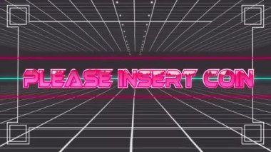 Animation of pleas insert coin over geometrical shapes on dark background. video game, entertainment and digital interface concept digitally generated video.