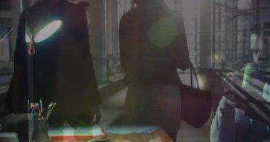 Animation of caucasian man with smartphone and coffee over businesspeople at airport. Business, working in office and technology concept digitally generated video.