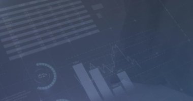 Animation of financial data processing and statistics over electricity pylons. Global energy, business, finance and data processing concept digitally generated video.