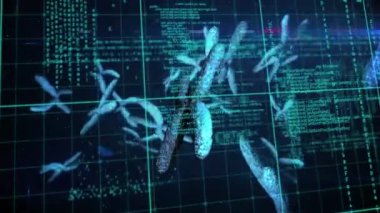 3D DNA iplikçikleri üzerinde veri işleme animasyonu dönüyor. küresel bilim, hesaplama, veri işleme ve dijital arayüz kavramı dijital olarak oluşturulmuş video.