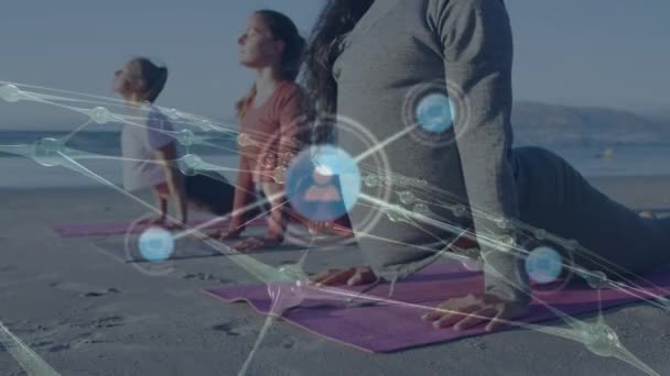 Animación Red Conexiones Sobre Diversas Mujeres Practicando Yoga Playa Deporte — Vídeo de stock