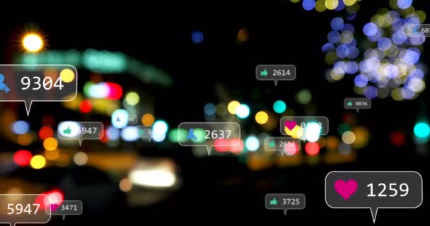 Animation Social Media Icons Numbers Out Focus City Lights Global — Vídeo de Stock
