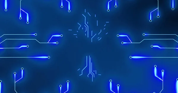 Image of integrated circuit and digital tree on blue background. Computers, connections, hardware and technology concept digitally generated image.