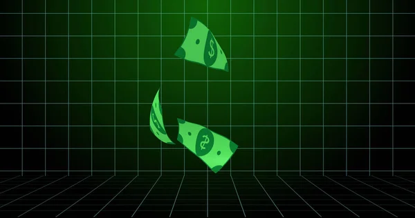 Image Dollars Floating Green Checked Background Money Finance Economy Technology — ストック写真