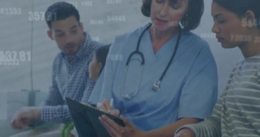Animation of financial data over caucasian female doctor talking with patient. health, medical profession, finance and economy concept digitally generated video.