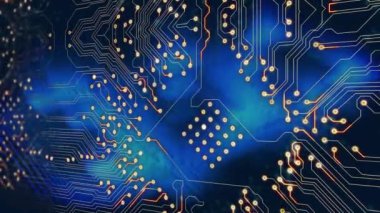 Digital animation of microprocessor connections over blue light trails against blue background. Computer interface and business technology concept