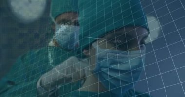 Animation of brain rotating over caucasian male surgeon tying face mask to female colleague. health, medicine, science and technology concept digitally generated video.