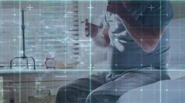 Animation of digital data processing over senior men taking medication. Senior healthcare concept digitally generated video.