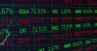 Karanlık arka planda finansal veri işleme animasyonu. küresel bağlantılar, veri işleme ve dijital arayüz konsepti dijital olarak oluşturulmuş video.