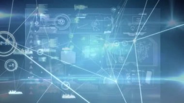 Mavi dijital ekrandaki bağlantıların ve çeşitli verilerin animasyonu. küresel bağlantılar, bilim, teknoloji ve dijital arayüz konsepti dijital olarak oluşturulmuş video.