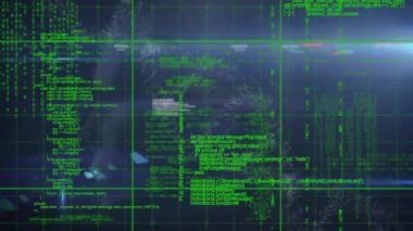 Donanma arkaplanındaki çeşitli veri işleme ve DNA 'nın animasyonu. Bilim, insan biyolojisi, veri işleme ve teknoloji konsepti dijital olarak oluşturulmuş video.