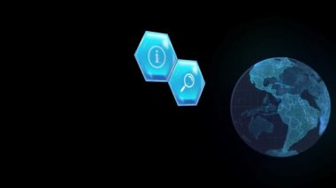 Eğitim animasyonları ve öğrenme simgeleri siyah arkaplanda mavi altıgenler üzerinde. Küresel öğrenme, eğitim ve dijital arayüz kavramı dijital olarak oluşturulmuş video.