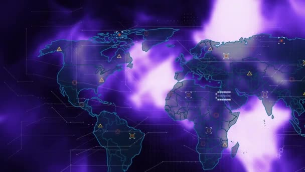 Цифровая Анимация Обработки Данных Карте Мира Фиолетовом Фоне Компьютерный Интерфейс — стоковое видео