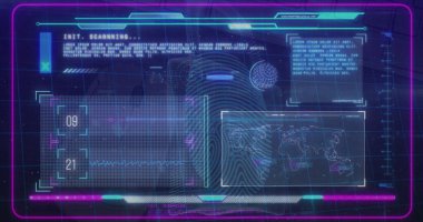 Mavi arkaplan üzerinde hareket eden ekranların veri işleme görüntüsü. Küresel bağlantılar, veri işleme ve dijital arayüz konsepti dijital olarak oluşturulmuş resim.