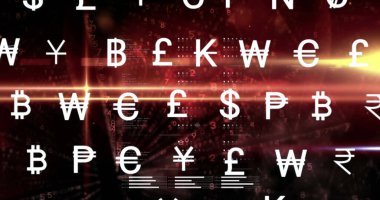 Veri işleme üzerinde para birimi sembollerinin resmi. Küresel teknoloji, bilgisayar ve dijital arayüz kavramı dijital olarak oluşturulmuş görüntü.