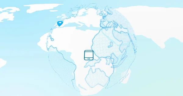 Image of world map with location marks and tech icons on light blue background. Global network, connections, communication and technology concept digitally generated image.