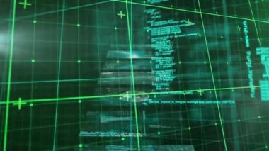 Izgara üzerindeki ekranlarda veri işleme animasyonu. küresel hesaplama, veri işleme ve dijital arayüz kavramı dijital olarak oluşturulmuş video.