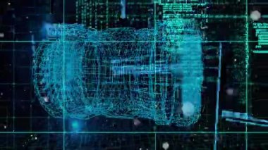 Veri işleme ve ikili kodlama animasyonu 3D motor modeli üzerinde dönüyor. küresel hesaplama, veri işleme ve dijital arayüz kavramı dijital olarak oluşturulmuş video.