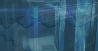 Animation of dna, globe, fingerprint and padlocks over servers. Network, connections, data processing and technology concept digitally generated video.