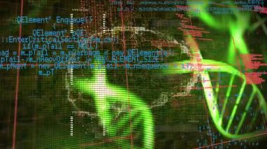 Siyah arka planda çeşitli veri işleme ve DNA 'ların animasyonu. Bilim, insan biyolojisi, veri işleme ve teknoloji konsepti dijital olarak oluşturulmuş video.