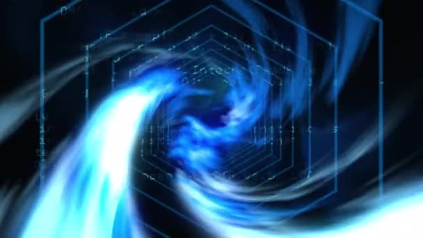 Animation Spiral Blue Light Tunnel Hexagonal Lines Black Background Communication — 图库视频影像