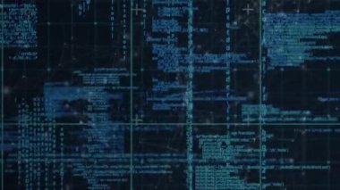 Karanlık arka planda veri işleme ve bağlantı ağının animasyonu. Dijital olarak oluşturulmuş küresel bağlantılar, veri işleme ve dijital arayüz kavramı.