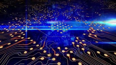 Mikroişlemci bağlantılarının dijital animasyonu ve mavi ışık yolları üzerinde ikili kodlama. Bilgisayar arayüzü ve iş teknolojisi kavramı