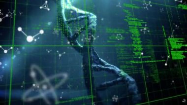 3D DNA iplikçikleri üzerinde veri işleme animasyonu dönüyor. küresel bilim, hesaplama, veri işleme ve dijital arayüz kavramı dijital olarak oluşturulmuş video.