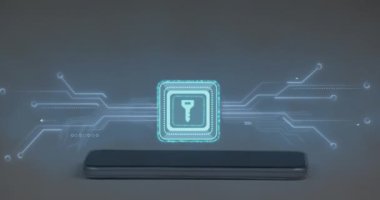 Akıllı telefon ve anahtarla veri işleme animasyonu. Küresel spor ve dijital arayüz kavramı dijital olarak oluşturulmuş video.