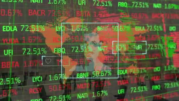 Digitale Animatie Van Meerdere Profiel Pictogrammen Aandelenmarkt Gegevensverwerking Wereldkaart Mondiale — Stockvideo