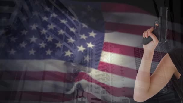Animation Arm Woman Holding Pistol American Flag Modern Buildings City — стоковое видео