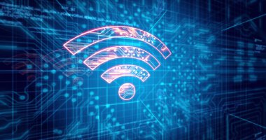 Image of glowing orange wifi icon over blue processor socket. Global science, connections, data processing and digital interface concept digitally generated image.