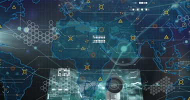 Bağlantılar ve veri işleme ağı üzerinden dünya haritasının resmi. Küresel teknoloji, bilgisayar ve dijital arayüz kavramı dijital olarak oluşturulmuş görüntü.