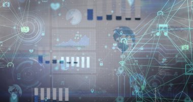 Mavi arkaplan üzerindeki veri işleme ve bağlantı ağının resmi. Küresel bağlantılar, veri işleme ve dijital arayüz konsepti dijital olarak oluşturulmuş resim.