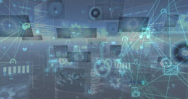 Mavi arkaplan üzerinde hareket eden ekranların veri işleme görüntüsü. Küresel bağlantılar, veri işleme ve dijital arayüz konsepti dijital olarak oluşturulmuş resim.
