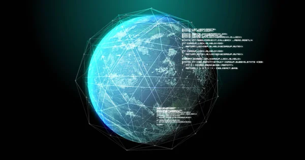 Image of globe, connections and data processing on black background. Global network, connections, communication and technology concept digitally generated image.