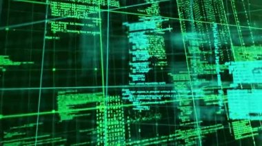 Animation of green data processing over grid. global computing, data processing and digital interface concept digitally generated video.