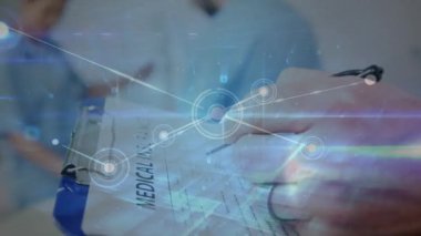 Kafkas erkek doktorların elleri üzerinden bağlantı animasyonu. Bilim, tıp ve sağlık konsepti dijital olarak üretilen video.