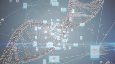 Gri arkaplan üzerinde ikonlar ve DNA olan bağlantı ağının animasyonu. Bilim, insan biyolojisi ve teknoloji konsepti dijital olarak üretilen video,