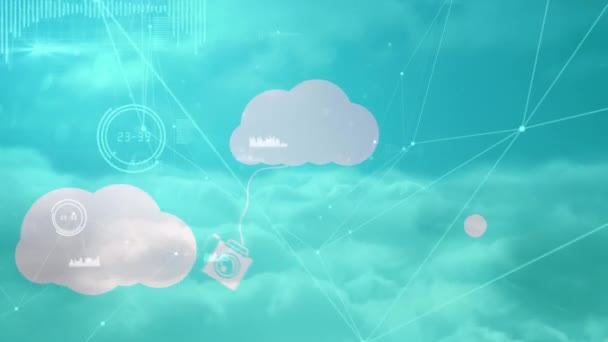 Netzwerk Von Verbindungen Und Datenverarbeitung Gegen Wolken Blauen Himmel Globales — Stockvideo