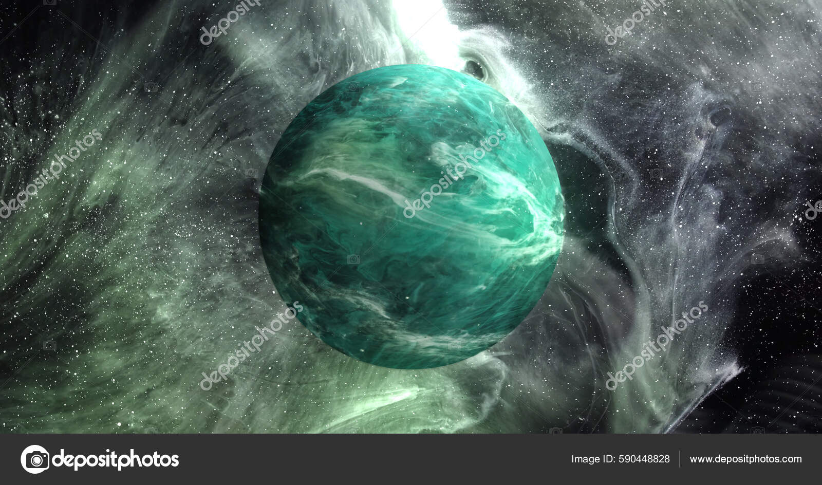 Image Green Planet Green Galaxy Astronomy Cosmos Universe Space Exploration  — Foto de stock #590448828 © vectorfusionart, image size:1600x944