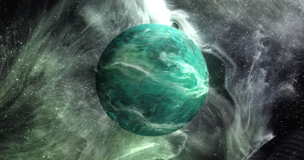 Image of green planet in green galaxy. Astronomy, cosmos, universe and space exploration concept digitally generated image.