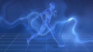 Mavi insan vücudunun şebeke üzerinde koşuşunun ve mavi arka planda ışık izlerinin canlandırması. Spor, sağlık ve spor konsepti dijital olarak oluşturulmuş video.