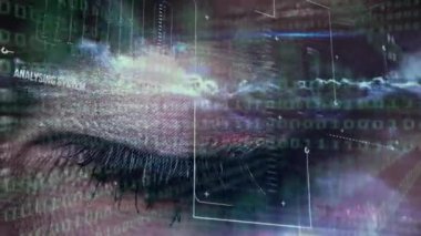 Dijital veri işleme kadın gözü animasyonu. Dijital olarak oluşturulmuş küresel bağlantılar, veri işleme ve dijital arayüz kavramı.