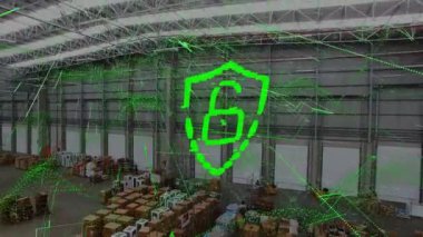 Depoda asma kilit olan dijital kalkan animasyonu. İş, çevrimiçi alışveriş, dijital güvenlik ve dağıtım hizmetleri konsepti dijital olarak oluşturulmuş video.