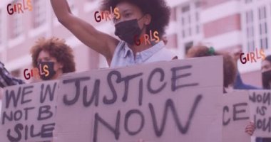 Animation of girl power girl text over diverse group of people with banners. National women's equality day concept digitally generated video.