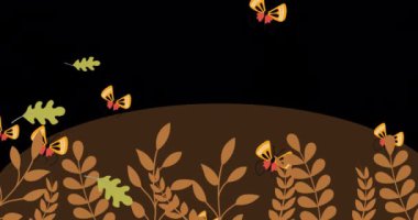 Uçan kelebeklerin canlandırması ve siyah arka planda kahverengi kürenin üzerindeki yapraklar. Doğa, Dünya gezegeni ve çevre konsepti dijital olarak oluşturulmuş video.