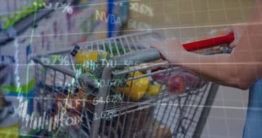 Alışveriş arabasında finansal veri işleme animasyonu. Küresel alışveriş, iş, finans, veri işleme ve dijital arayüz kavramı dijital olarak oluşturulmuş video.