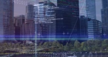 Animation of financial data processing binary coding over cityscape. Global business, finance and data processing concept digitally generated video.