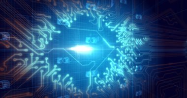 Mavi işlemci soketinin üzerinde parlayan turuncu 5 gramlık metin resmi. Küresel bilim, bağlantılar, veri işleme ve dijital arayüz kavramı dijital olarak oluşturuldu.